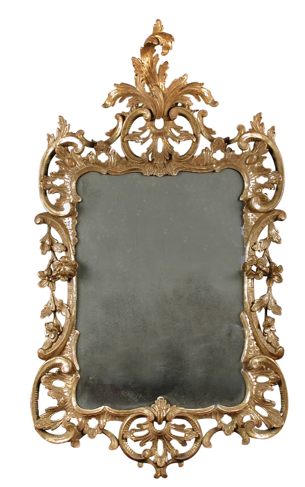 An 18th century carved giltwood framed wall mirror, bevelled mirror plate, regilded carved frame