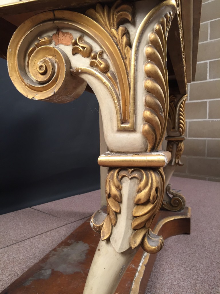 An early 19th century parcel gilt and marble console table, a veined marble top on an ivory - Image 4 of 9