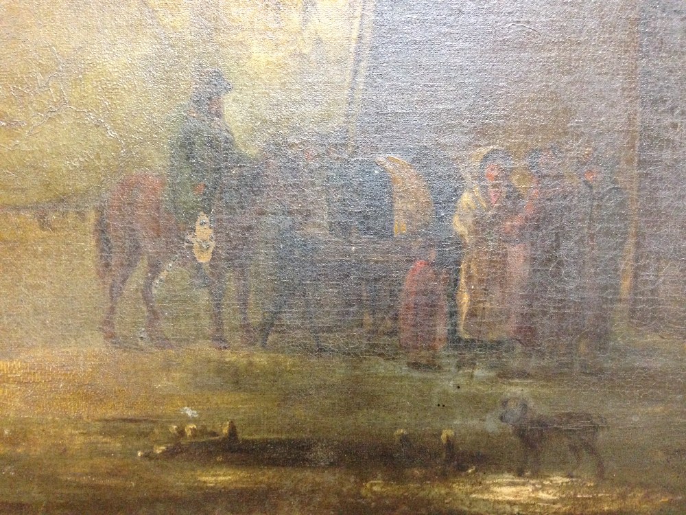 Dutch School (18th Century) A horseman on a frozen river with peasants gathered by a shelter, flying - Image 5 of 8