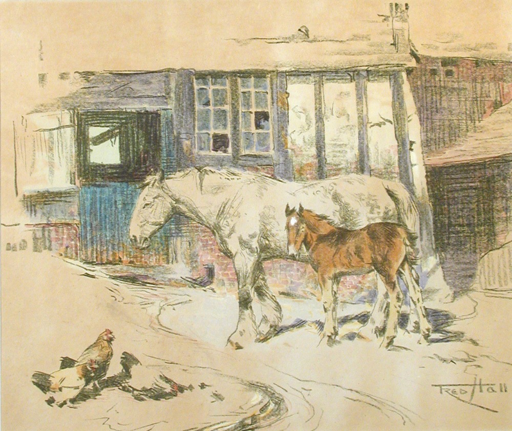 Fred Hall (British, 1860-1948) A grey mare with chestnut foal signed lower right "Fred Hall"