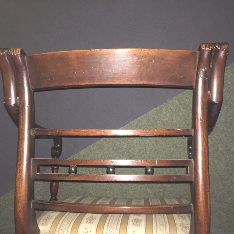 A Pair Regency mahogany bar back elbow dining chairs, with ebony line inlays, the reeded arms on - Image 3 of 4