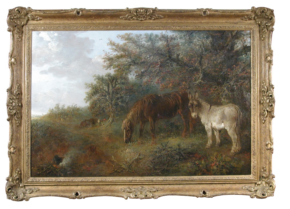 Edward Robert Smythe (British, 1810-1899) A chestnut pony and a donkey, with a gypsy encampment