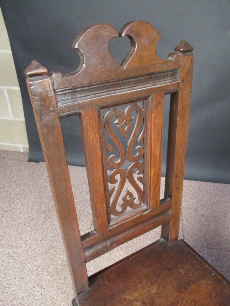 A late 17th century oak joint chair, with high back and carved crest rail 113cm high x 44cm wide ( - Image 3 of 8