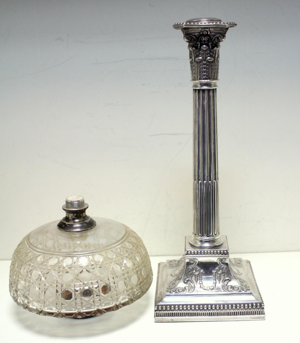 A Victorian silver column table lamp, by James Dixon & Sons, Sheffield 1890 raised from a square - Image 3 of 9