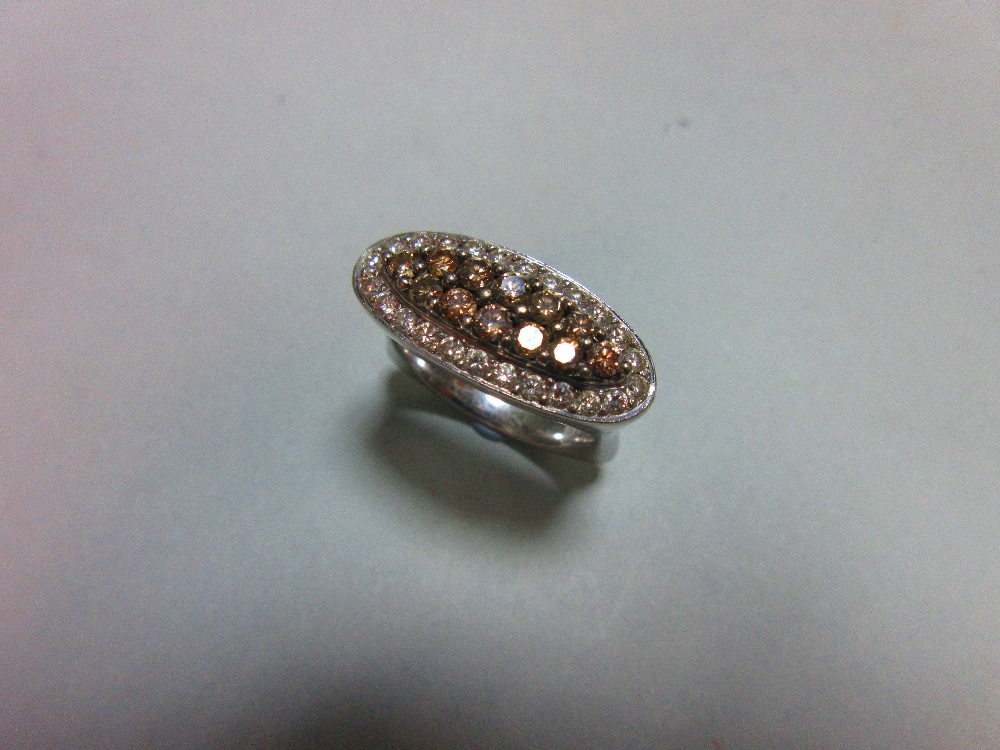 A diamond and coloured diamond pavé set ring, of horizontal elongated oval outline with a central