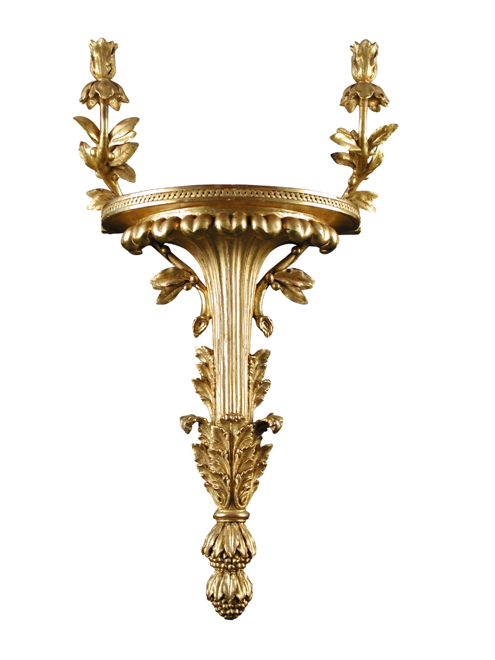 A pair of neo-classical style gilt wood wall brackets, each with twin candle arms and shelf with