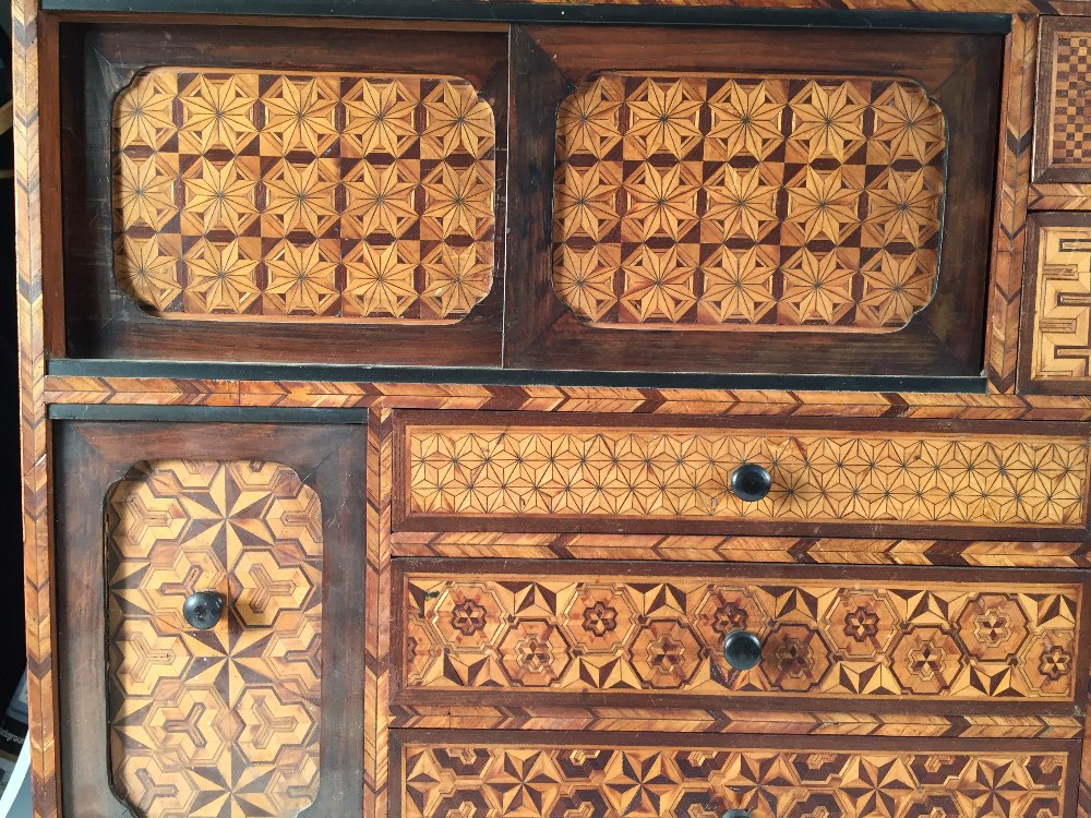 An early 20th century specimen wood parquetry cabinet, the rectangular front with a configuration of - Image 2 of 5