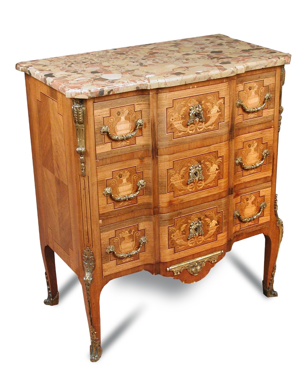 A late 19th century Transitional style breche d'alep and satinwood commode, stamped Edwards &