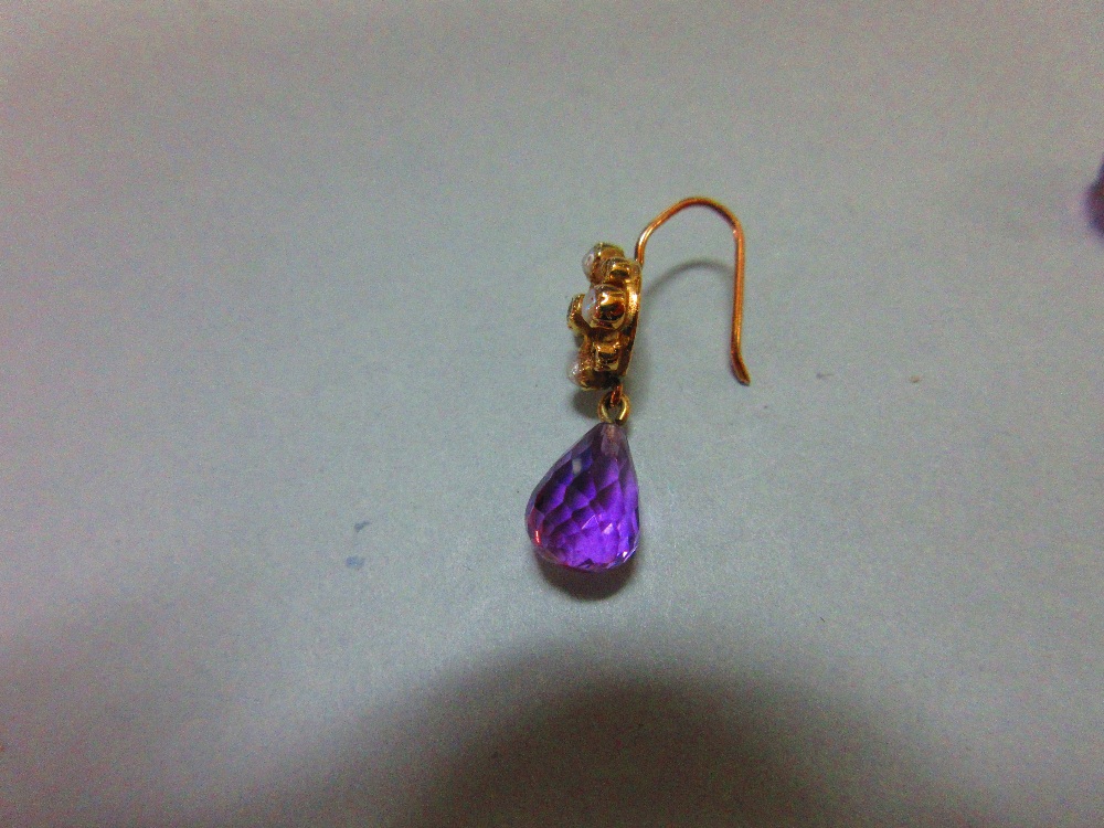 A pair of briolette amethyst, diamond and seed pearl earpendants, each hook fronted with an open - Image 3 of 4