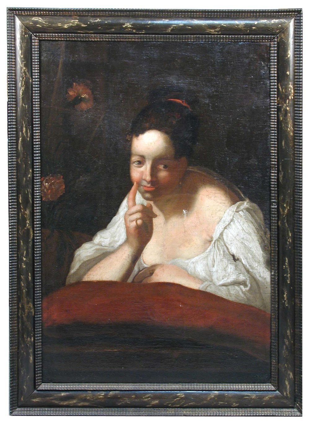 Follower of Jean Raoux (French, 1677-1734) Portrait of a young girl in a white chemise leaning on