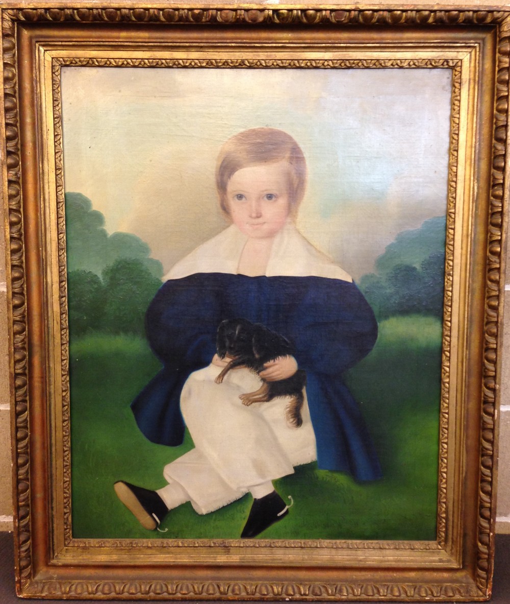 English Provincial School (19th Century) Portrait of a young boy with a King Charles Spaniel puppy - Image 2 of 8