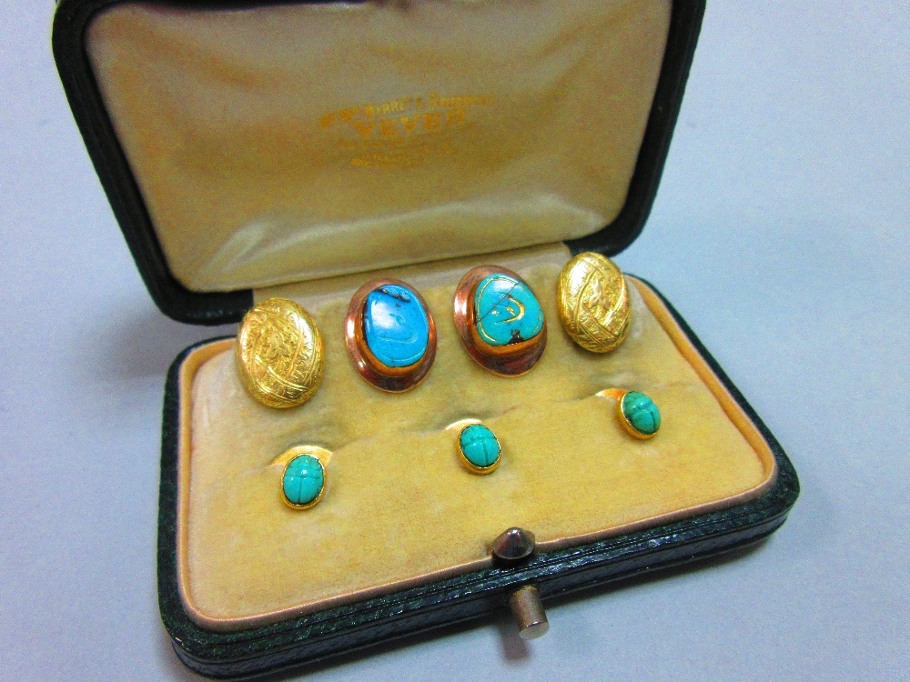 A matched carved turquoise gentleman's dress set, the period fitted leather case by Vever, Paris,