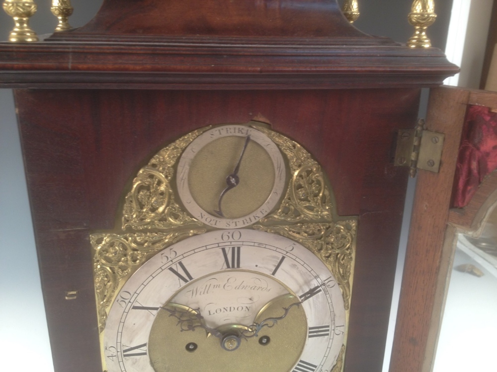 A George III mahogany bracket clock, the bell top case with brass handle and four gilt finials above - Image 3 of 7