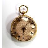 By Buller & Hutchinson - an 18ct gold open face fob watch, the engine turned gold coloured dial with