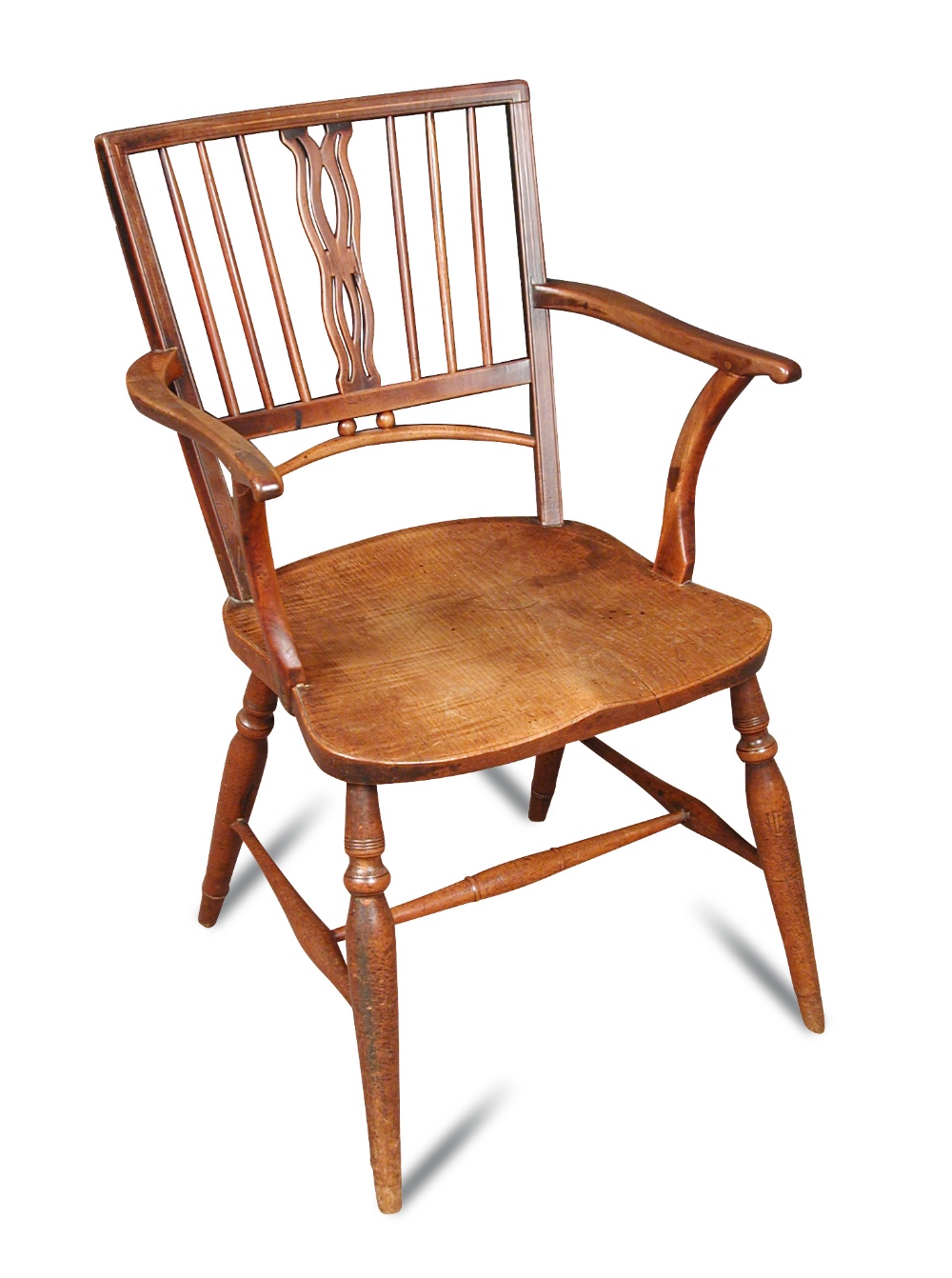 An early 19th century yew wood and ash Mendlesham chair, with pierced splat and boxwood line