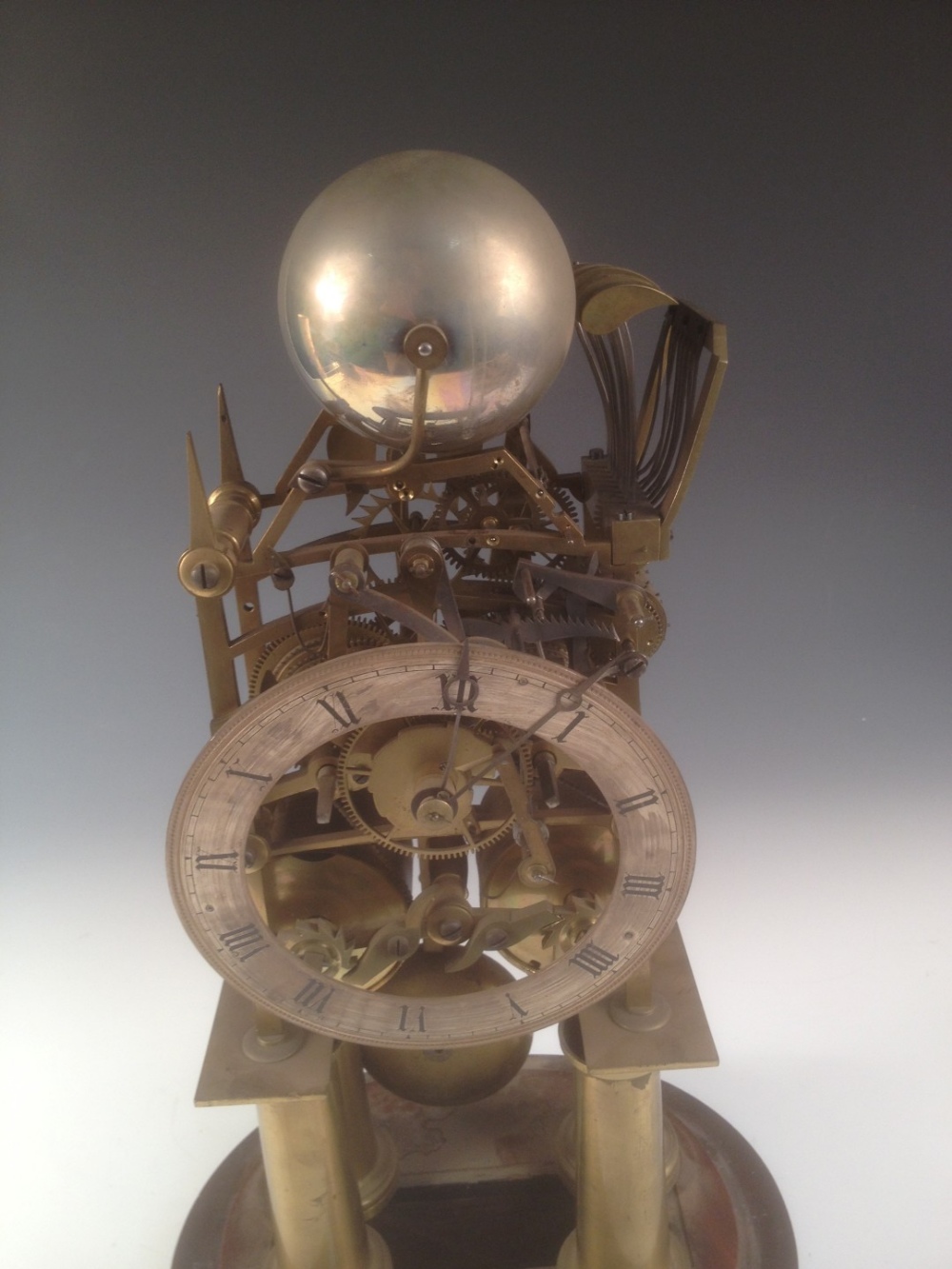 A Victorian brass bell chiming skeleton clock, the four tapering column legs supporting the twin - Image 2 of 6