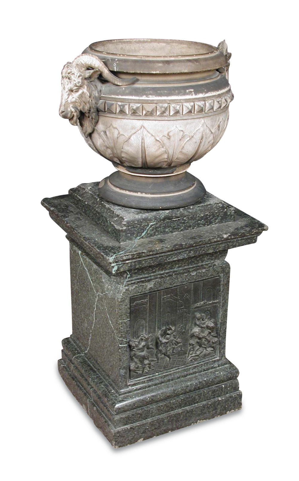 A 19th century Blashfield type terracotta urn, moulded with Ram's head handles, on a marble plinth