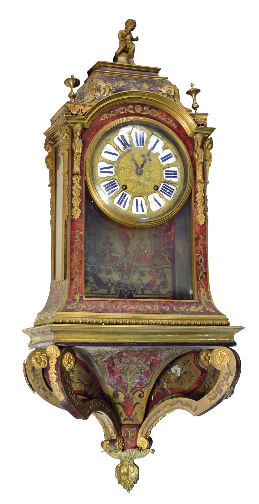 A French 18th century Boullework bracket clock with wall bracket, the movement signed 'Jacques