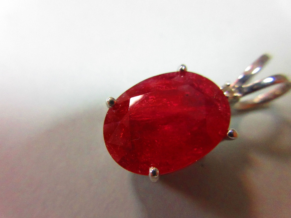 A treated ruby and diamond pendant set in white 18ct gold, the oval cut ruby four claw set beneath a - Image 5 of 5