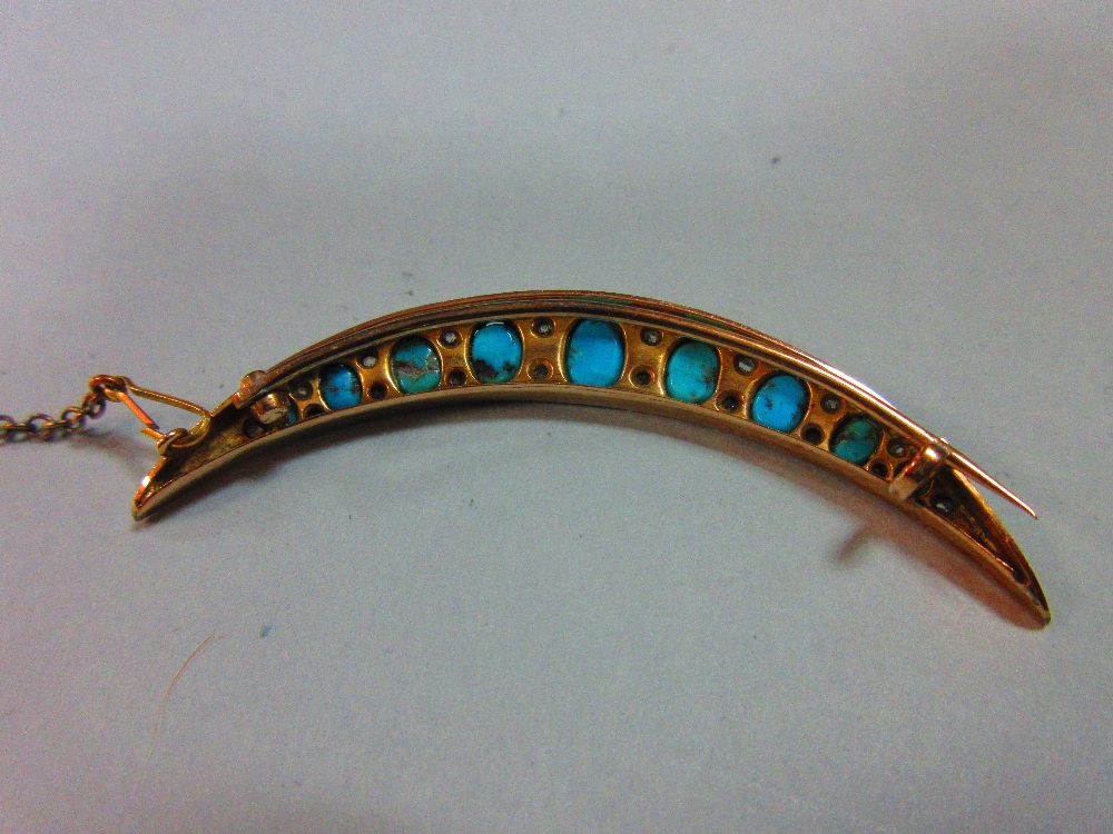 A turquoise and diamond crescent brooch, the open crescent set with graduated oval cabochon - Image 3 of 6