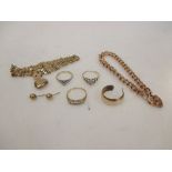 Two 18ct and diamond rings, a 9ct and white hardstone ring, a gate bracelet and a curblink