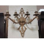 A pair of gilt brass three branch ceiling lights and a twin branch, four light wall light (3)