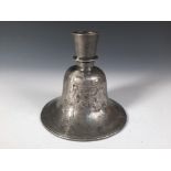 A pewter hookah pipe base, possibly 18th century Persian, the exterior of the bell shaped vessel