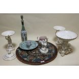 A collection of decorative ceramics, comprising of a garniture of Copeland cherub tazza, an 18th