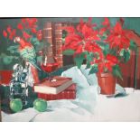 A still life with Poinsetias and books, initialled and dated lower left, 'SB '90', oil on canvas