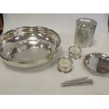 An Egyptian metalwares circular bowl, a cylindrical metalwares box, an ashtray, (21.8oz) together