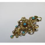 A late 19th/early 20th century seed pearl and turquoise brooch/pendant, stamped 15ct to reverse