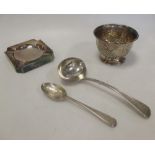 A silver ashtray, bowl and two silver spoons