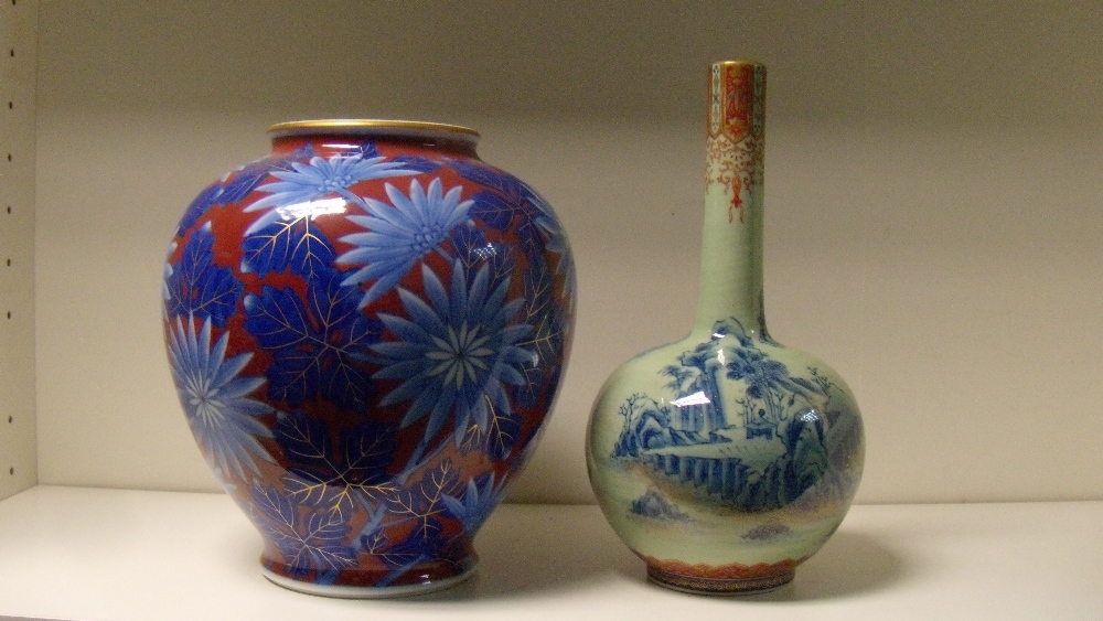 A late 19th century Fukugawa ovoid vase together with a bottle vase, 21.5cm (8.5 in) and 24cm (9.5