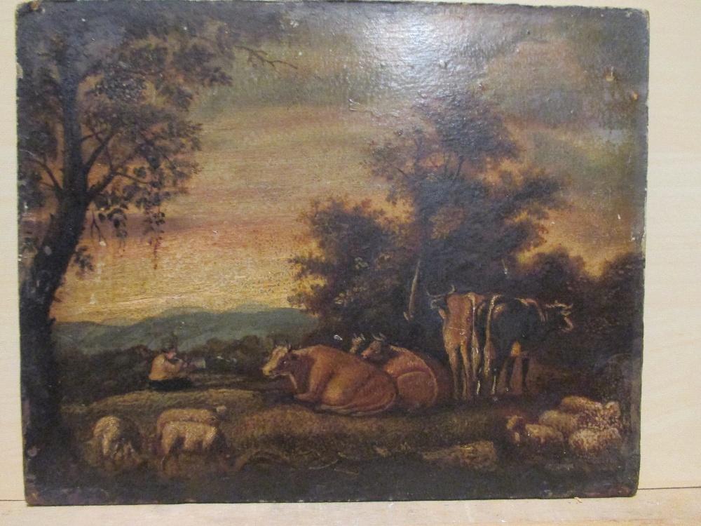 Italian School (19th Century) - A Shepherd and his Cattle in an Italianate Landscape at twilight,