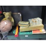 Various old games: a leather Gamages football, block puzzle, Blue bell tobacco tinplate dominoes,