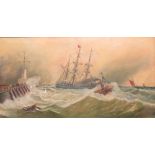 F Law (British, 19th/20th Century) - Sailing ships and a steam tug in high seas, signed lower