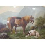 English school c. 1900, pony with dogs in a landscape, oil on board, 22 x 32 cm (a pair)