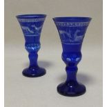 A pair of blue Bohemian glass vases