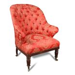 A 19th century mahogany framed barrel back armchair, in the manner of Gillow, upholstered in red