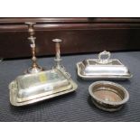 A quantity of EPNS entree dishes, candlesticks (5)