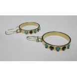 A pair of Danish Smykkeform turquoise and garnet earhoops, the broad hoops 6.1mm wide, each set with
