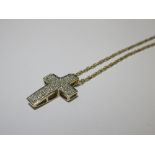 A diamond pave set cross pendant, stamped 9k to reverse, 2cm long, on yellow metal chain stamped 375