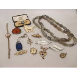Ladies 9ct Rotary wristwatch, and two Edwardian 9ct gemset pendants, a brooch, Chinese Lapis pendant