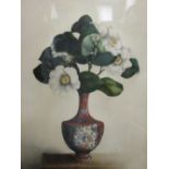 A watercolour of a chinoiserie vase of white camelias, 34.5 x 29.5cm