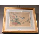 A pair of signed Chinese paintings on silk of birds, in bamboo frames