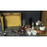 A leather letter case by Asprey, antique glasses, a pair of coasters, and dressing table items
