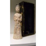 A pottery lady, possibly Tang Dynasty, 28cm (11 in) high  There is no obvious damage beneath both