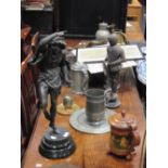 A spelter model of a Renaissance dancer, a Scandinavian painted peg tankard and various pewter and