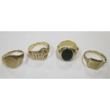 Five gold rings: an 18ct gold ring inscribed 'Lucky' to the inner band 4.6g, a 9ct bloodstone