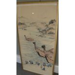 A 19th century Japanese scroll painted with figures on a shoreline, 106.5 x 53cm (42 x 21 in) in